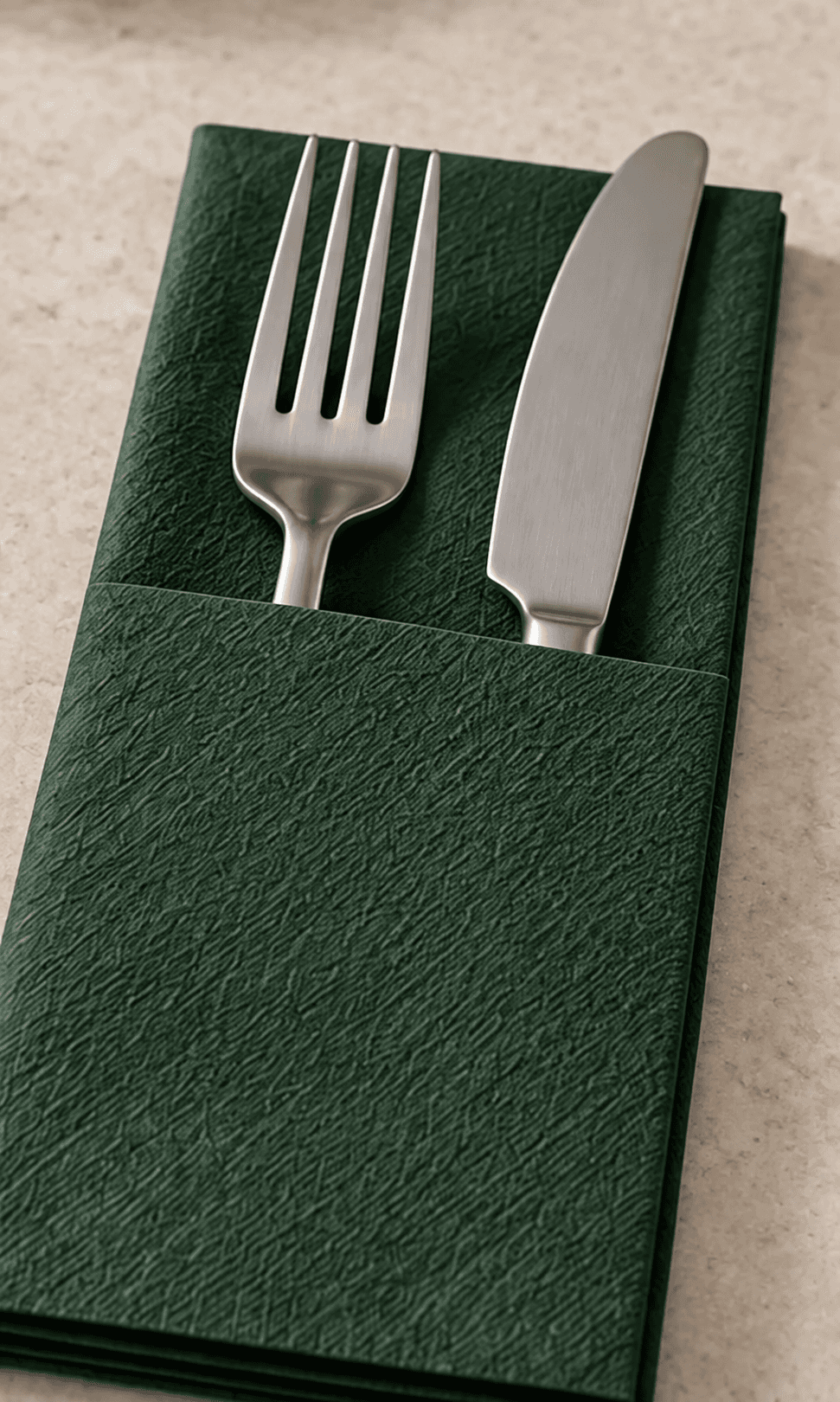 Eighth-fold pocket Airlaid napkin shown in a restaurant table setting