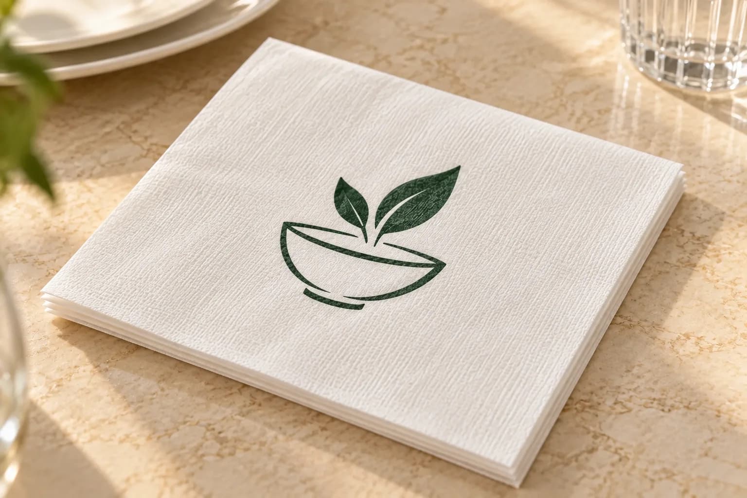 Single-colour logo on a 40 x 40 cm Airlaid napkin