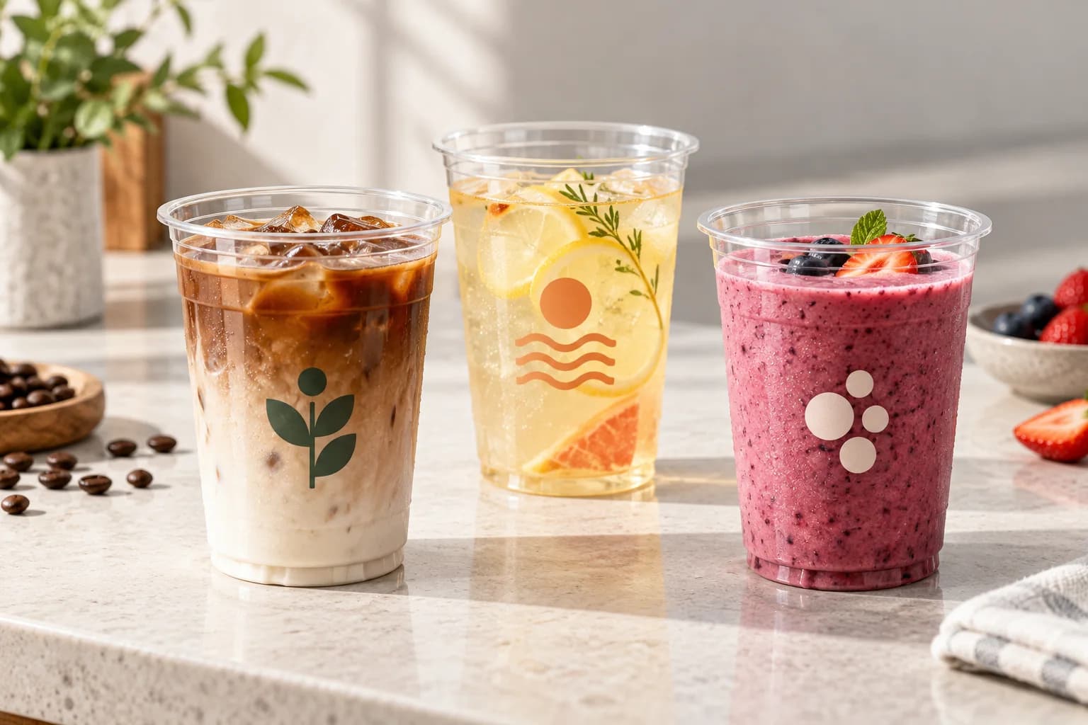 Three clear PET cold cups with original illustrative logo artwork