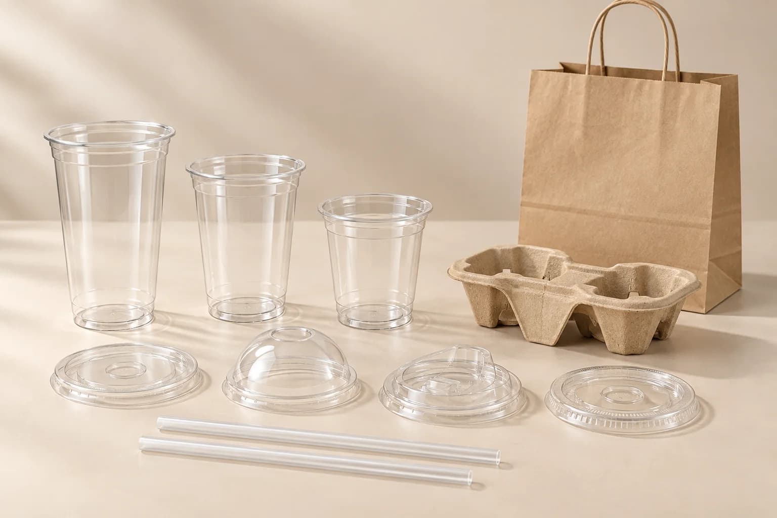 Illustrative clear PET cups, separate lids, straws, cup carrier and kraft bag