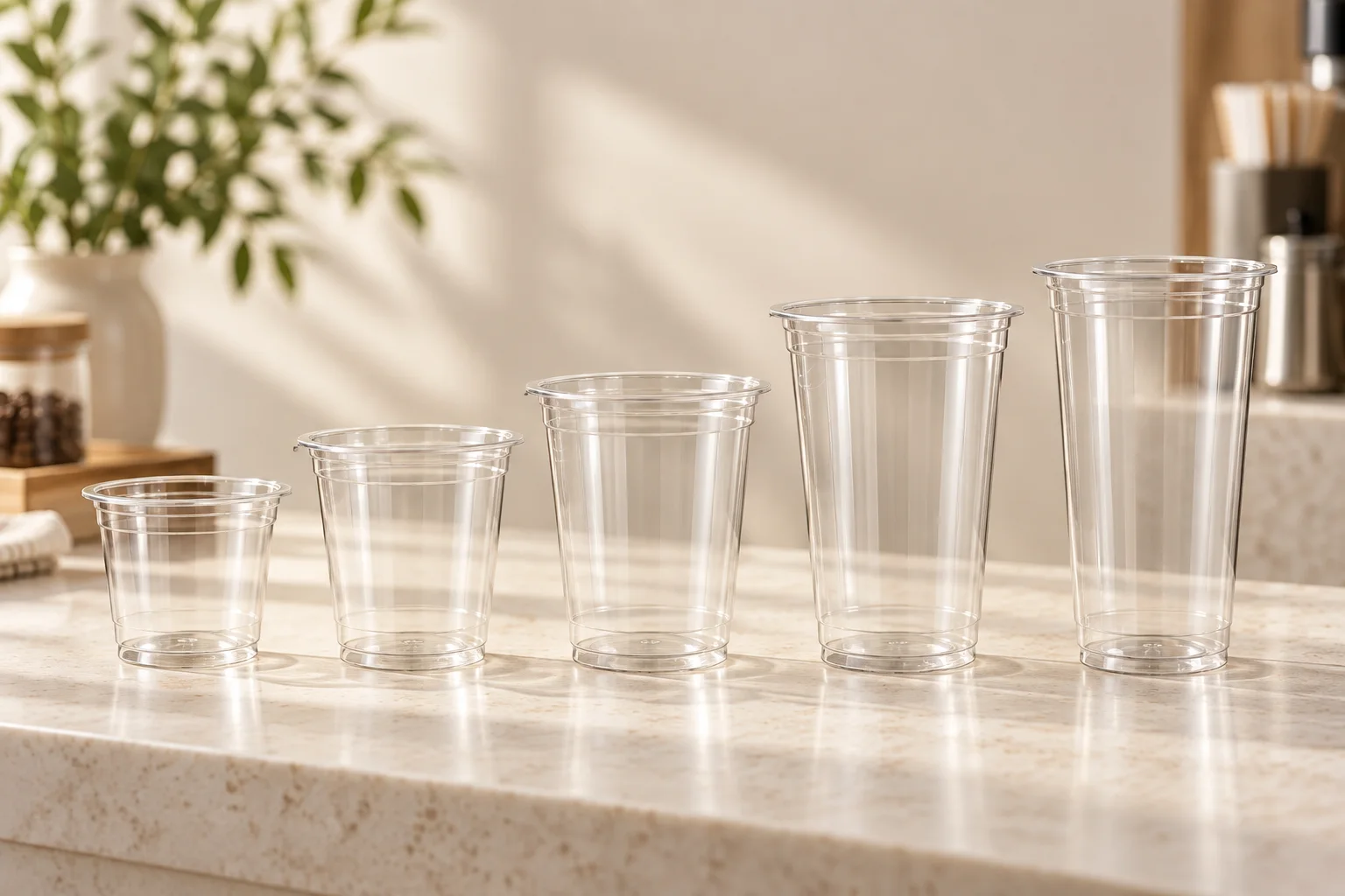 Five clear PET cold cups arranged from short to tall