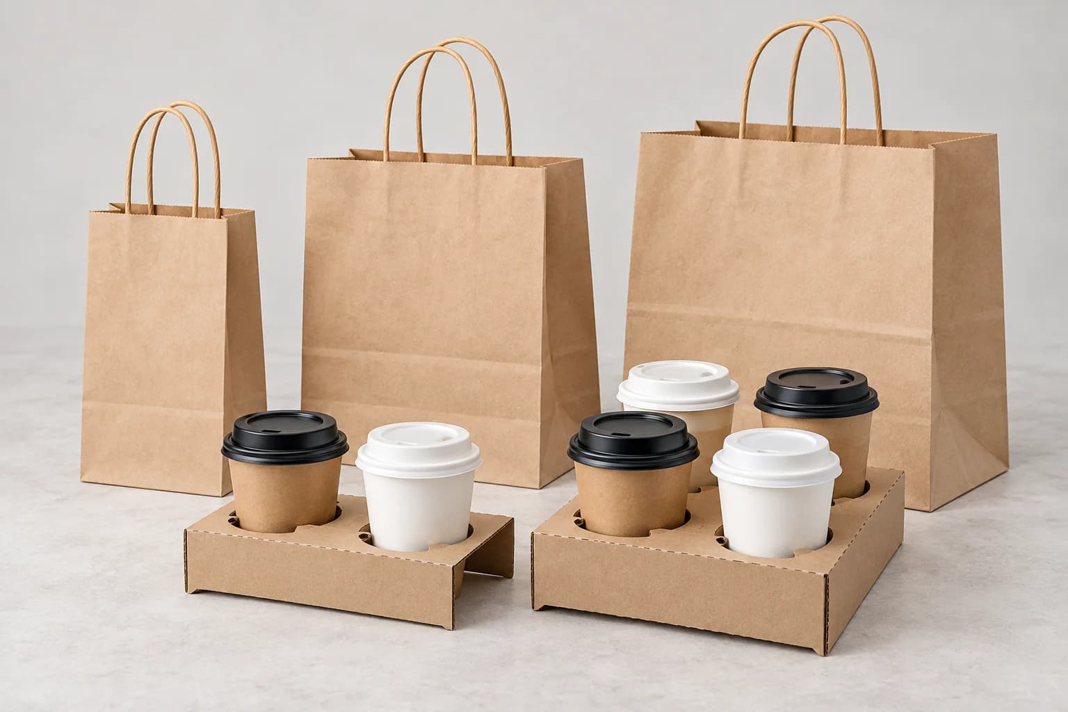 Two-cup and four-cup kraft carriers with single-, two- and four-cup kraft paper bags
