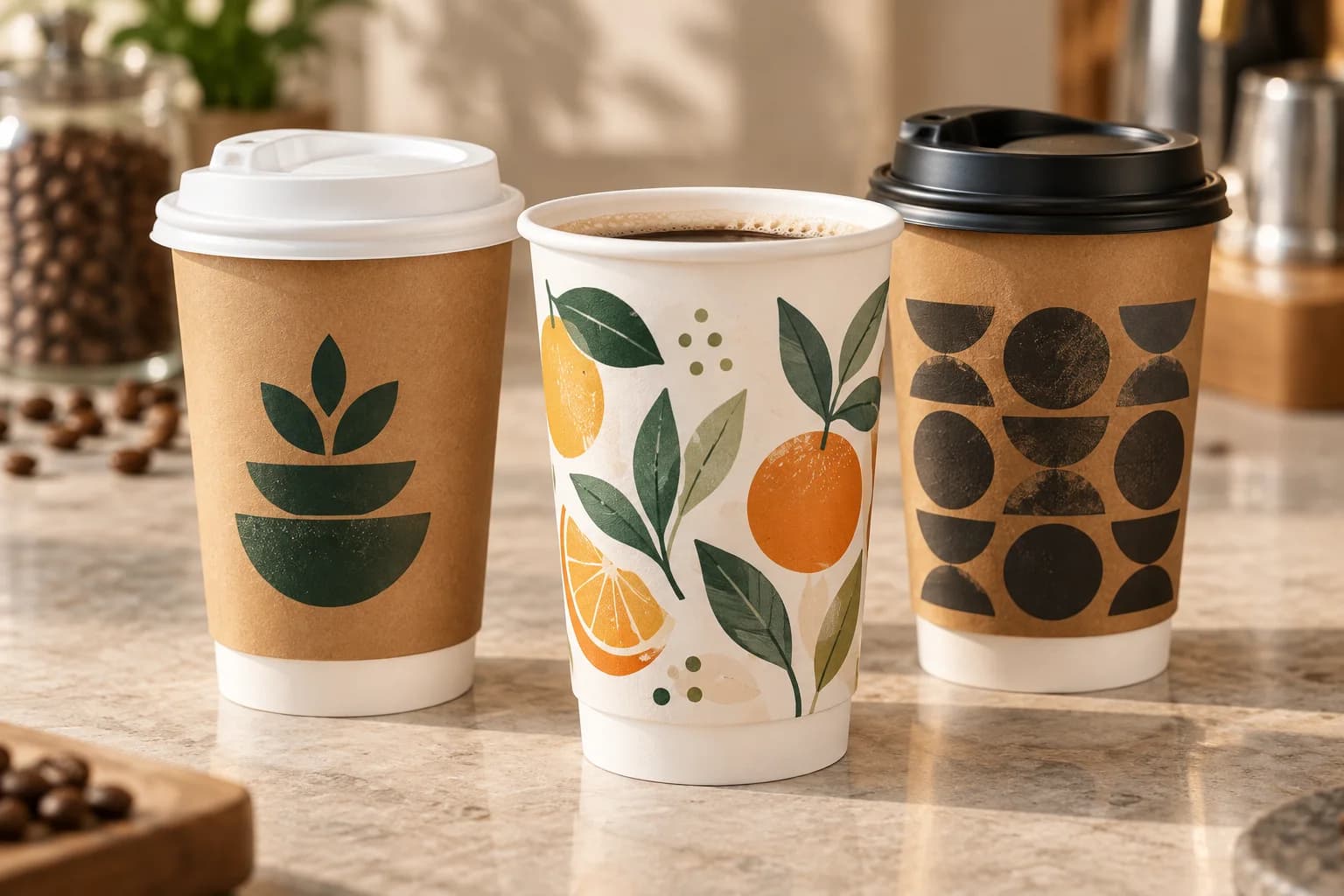Three double-wall coffee cups showing single-colour and multi-colour custom artwork