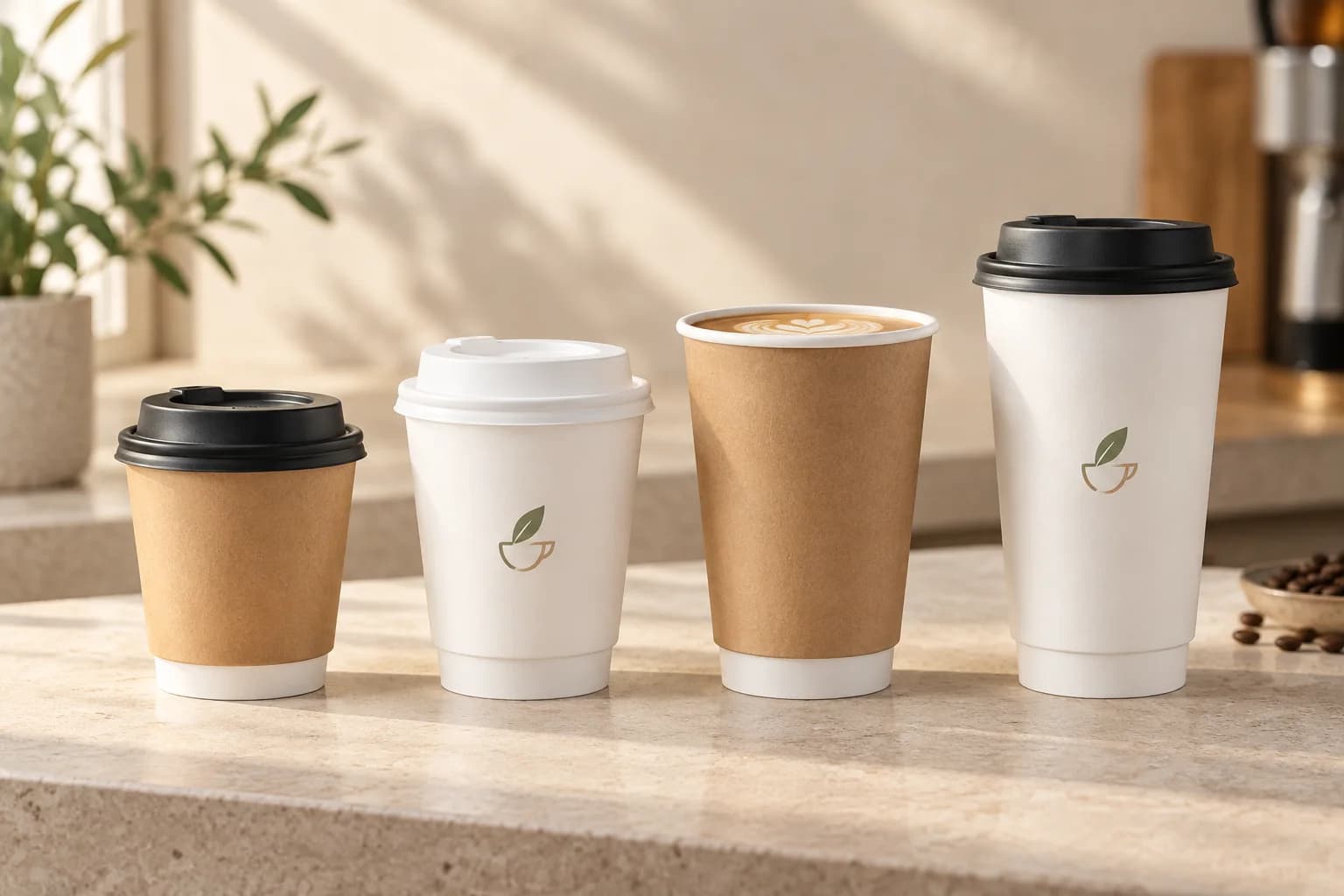 Four kraft-brown and white double-wall coffee cups arranged from 280 to 500 ml