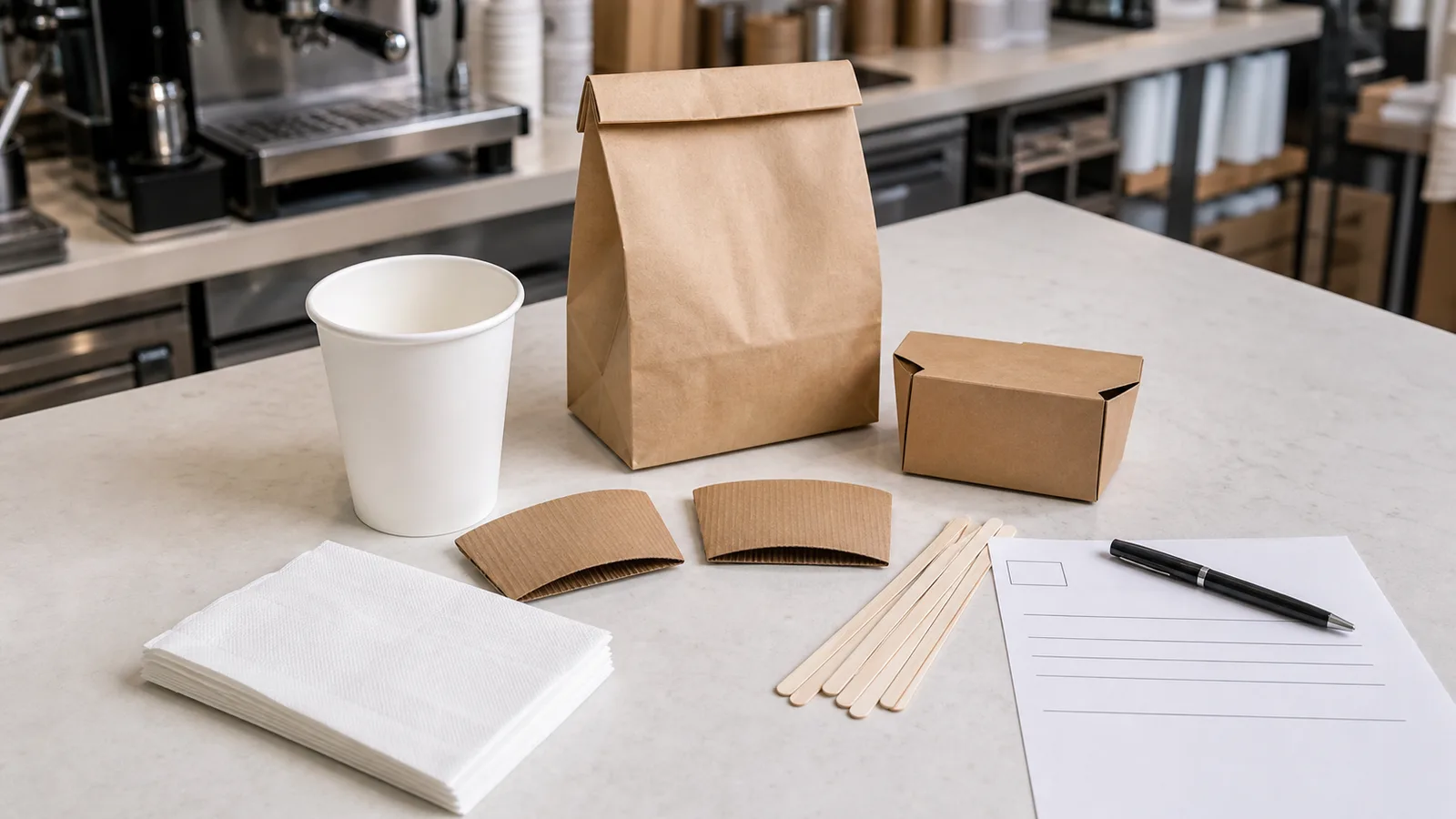 Coffee shop supplier review table with paper cup sleeves napkins wooden stirrers kraft bag and pastry box