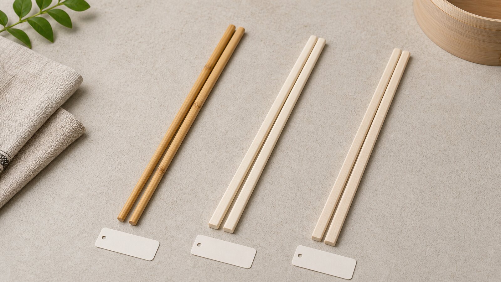 Bamboo birchwood and aspen disposable chopsticks compared side by side for restaurant buyers