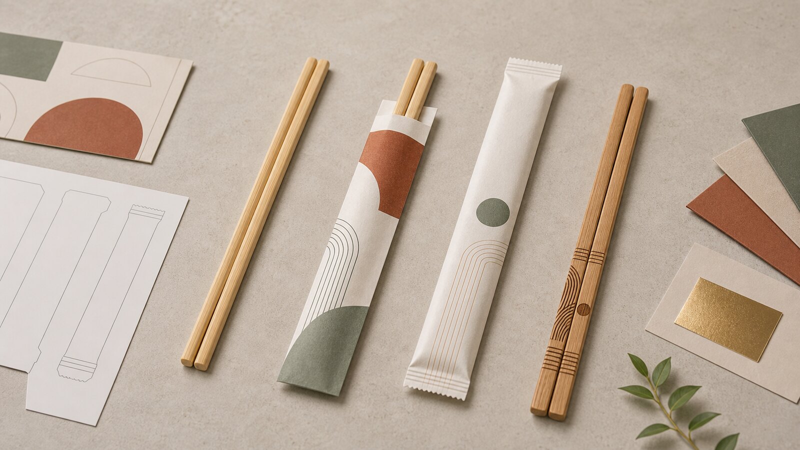 Custom chopsticks showing paper sleeve full wrap hot stamp and engraved branding options for restaurant buyers
