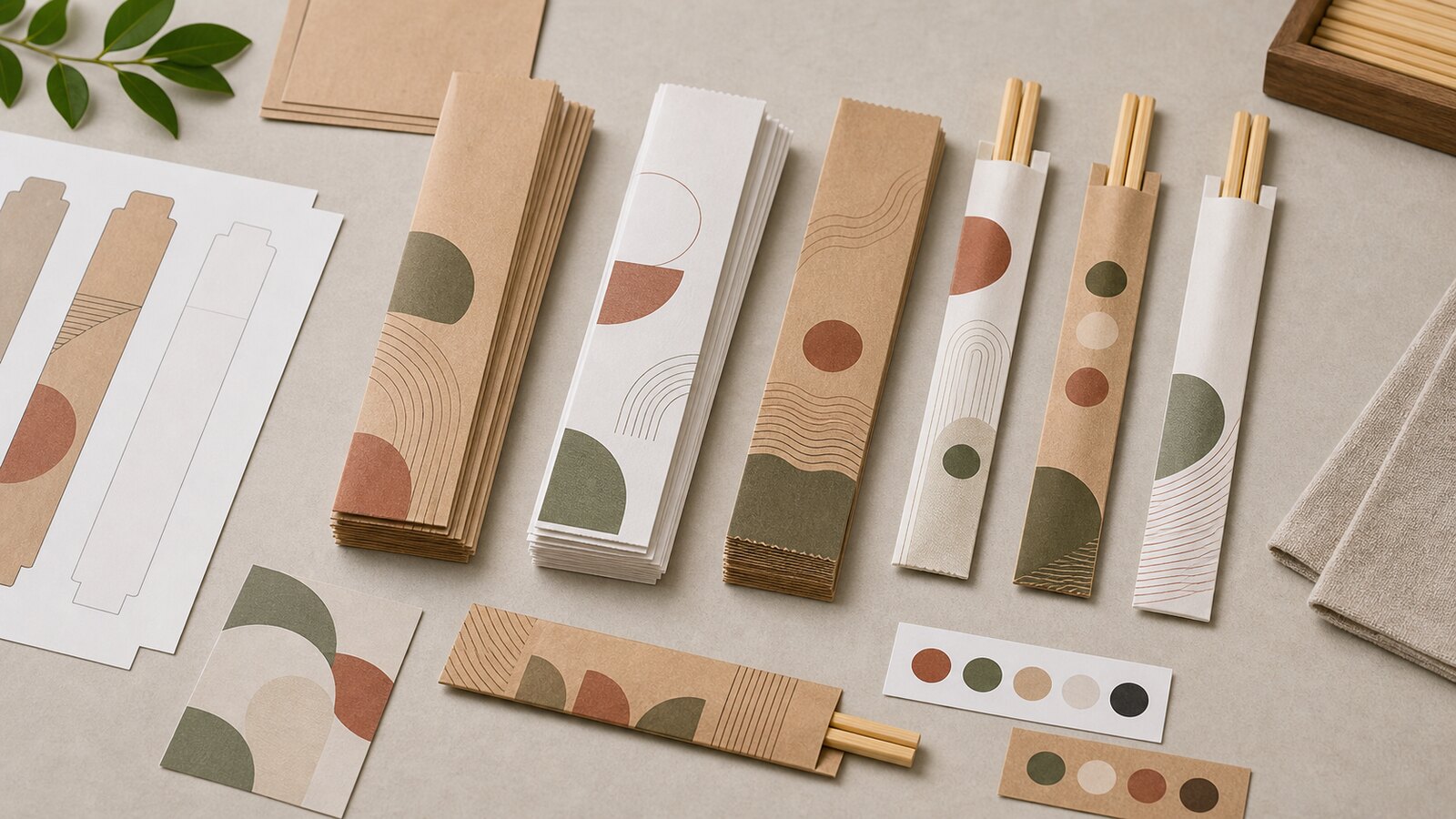 Custom printed chopstick paper sleeves with dieline sheets and bamboo chopsticks for restaurant branding