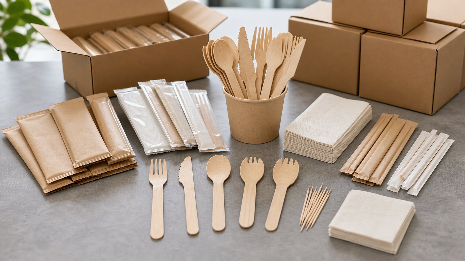 Bulk wooden disposable forks knives spoons wrappers and napkin kits arranged for restaurant wholesale sourcing