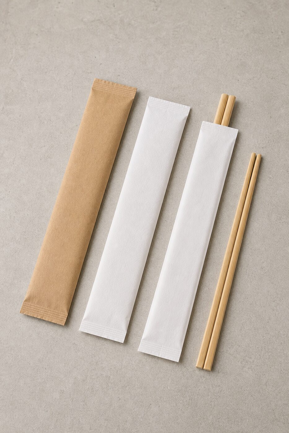 Blank chopstick sleeve samples in kraft and white — representative mockup