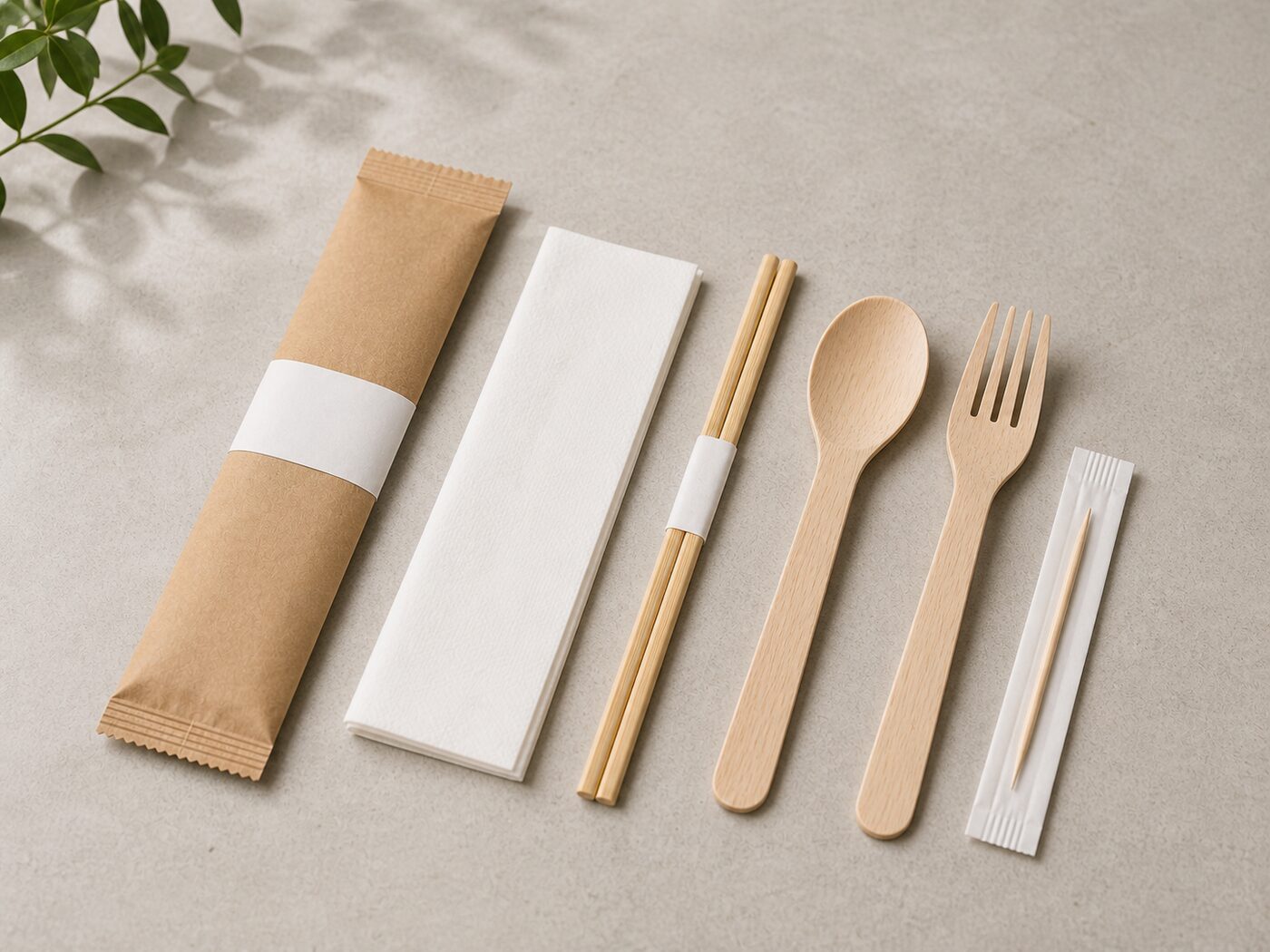 Disposable tableware sample layout with sleeve, napkin and wooden cutlery — representative mockup